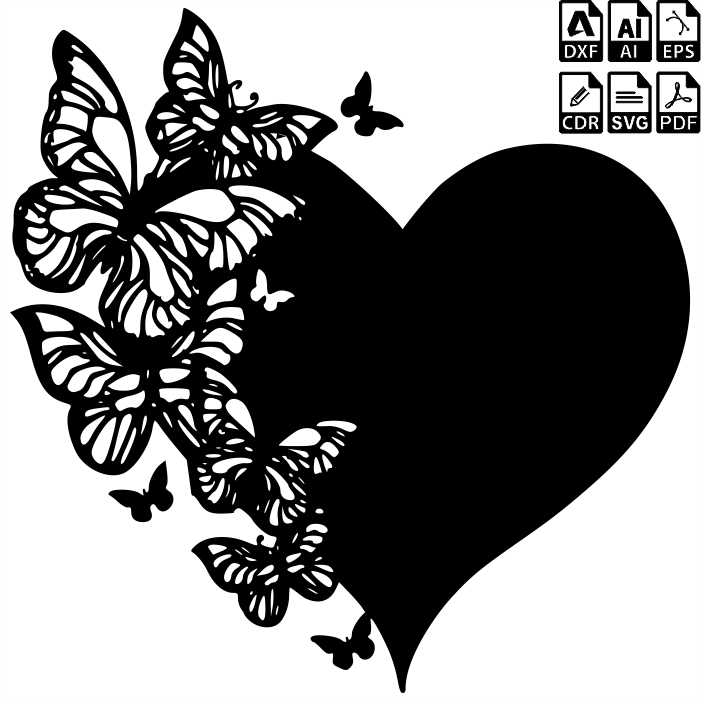 Black Heart With Contour Butterflies Illustration Free Download